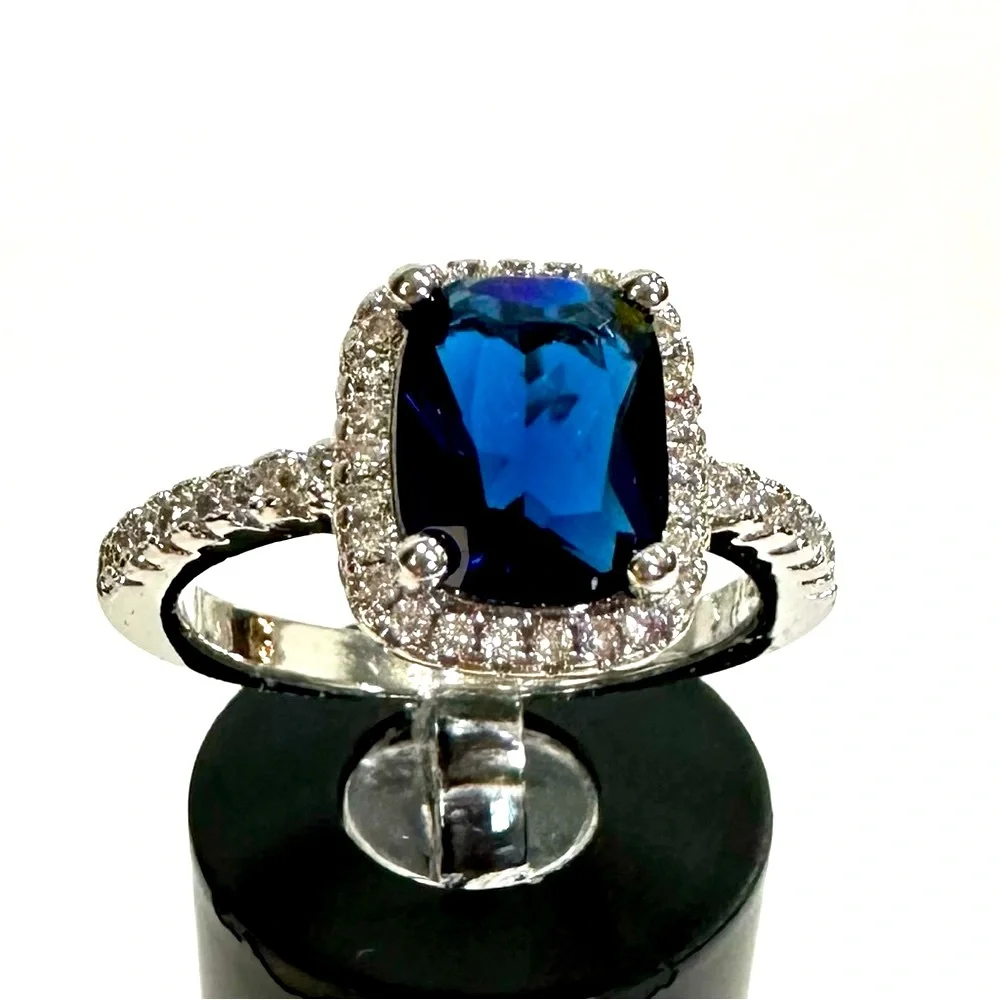 Tibetan Silver stamped .925 stimulated sapphire 6x8mm‎ zirconia halo 7.5 8 8